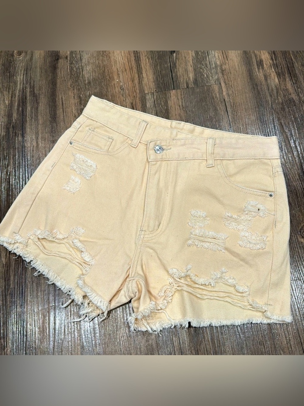 Beige Distressed High Rise Denim Shorts
